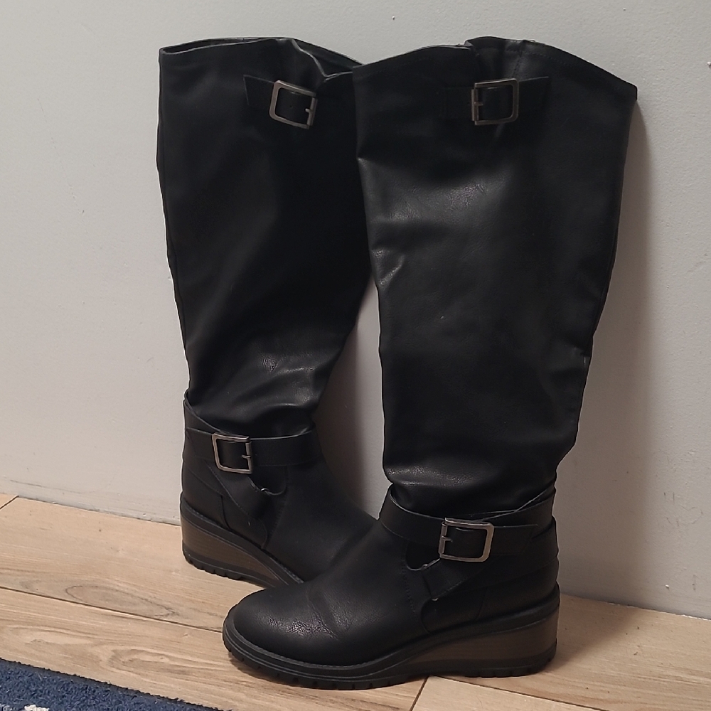 Fergie Black Wedged Moto Style Boots with Buckle Details